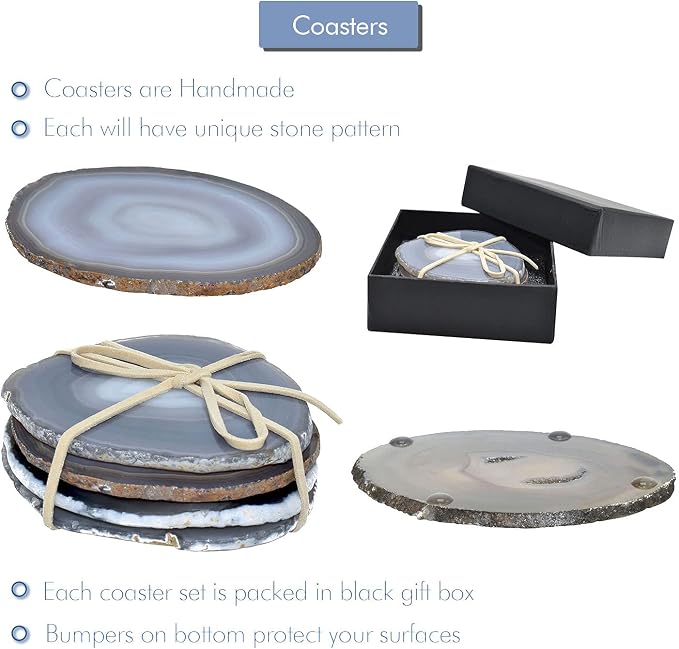 Nature's Decorations Natural Agate Stone Coasters - Set of 4 Polished Geode Drink Mats for Dining & Coffee Table & Kitchen Decor No Dye 3.5-4" Diameter