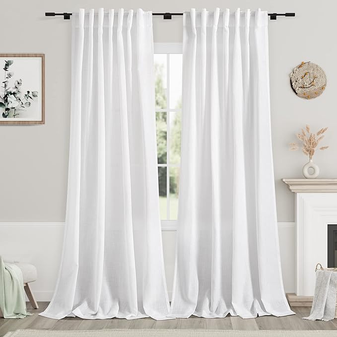 Nanspring White Linen Curtains 112 Inches Long for Living Room Extra Long Back Tab Curtains Farmhouse Light Filtering Semi Sheer Linen Drapes Ceiling to Floor for Large Window 2 Panels Set 52x112