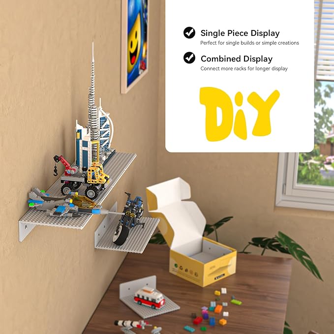 BlissBox 12-Pack Floating Display Shelves for Wall Compatible with Lego Building Bricks, 5 × 5.5 Inch Dual-Sided 16 × 17 Studs for Brick Storage and Display, ABS Display Shelf for Room Decor, Gray