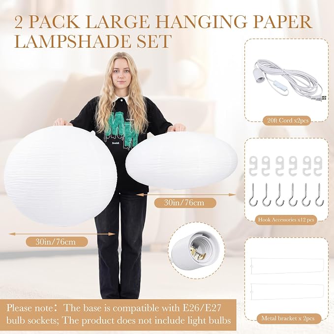 Nuanchu 2 Pack 30" Large Hanging Paper Lampshade Set Round and Oval White Lanterns Pendant Ceiling Light Shade with 20ft Cord and Hooks Chinese Foldable Light Covers for Dining Room Home Decor