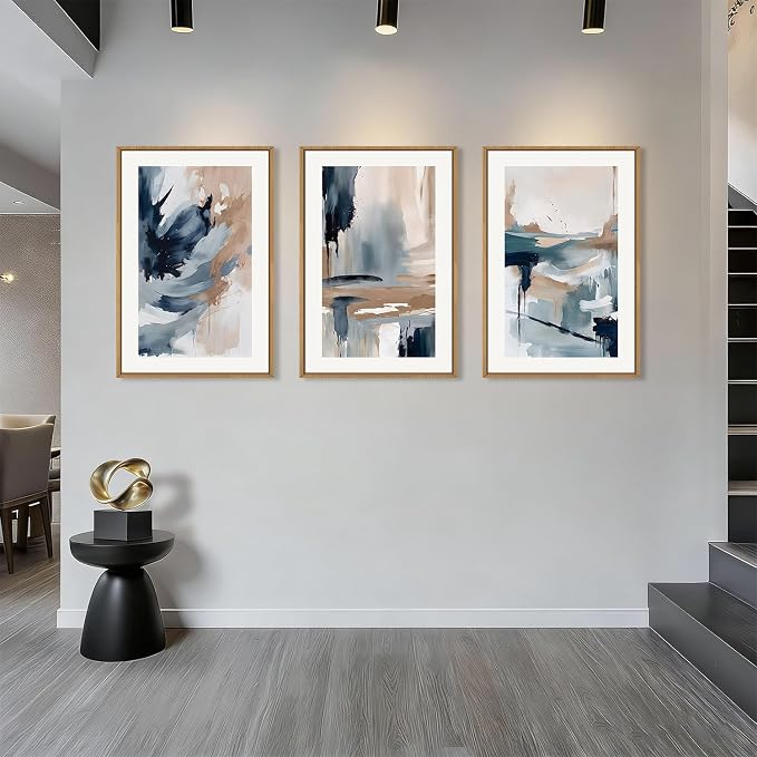 Aryroi Abstract Navy Blue Framed Canvas Wall Art Set,Neutral Brush Stroke Wall Decor,Watercolor Pastel Brown Artwork,Modern Minimalist Color Block Art Print For Living Room,Bedroom,Office-24 x36 x3
