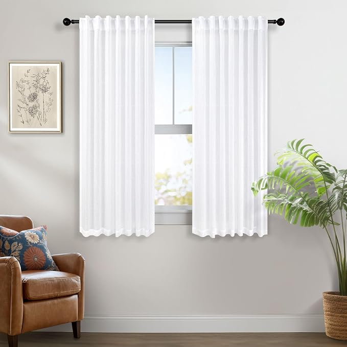 White Back Tab Curtains 45 Inch Length for Kitchen 2 Panels Set Pocket Light Reducing Semi Sheer Cotton Look Casual Woven Textured Short Cafe Tier Curtains for Bathroom Bedroom Dining Room 52x45 Long
