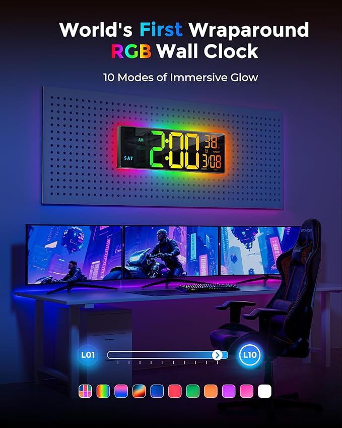 EASYERA 16.5" Large Digital Wall Clock with BT Sync, RGB Lights with 11 Scenes Mode Remote Control, Big LED Clock with Dual Alarms, Auto DST, Temperature for Classroom Gaming