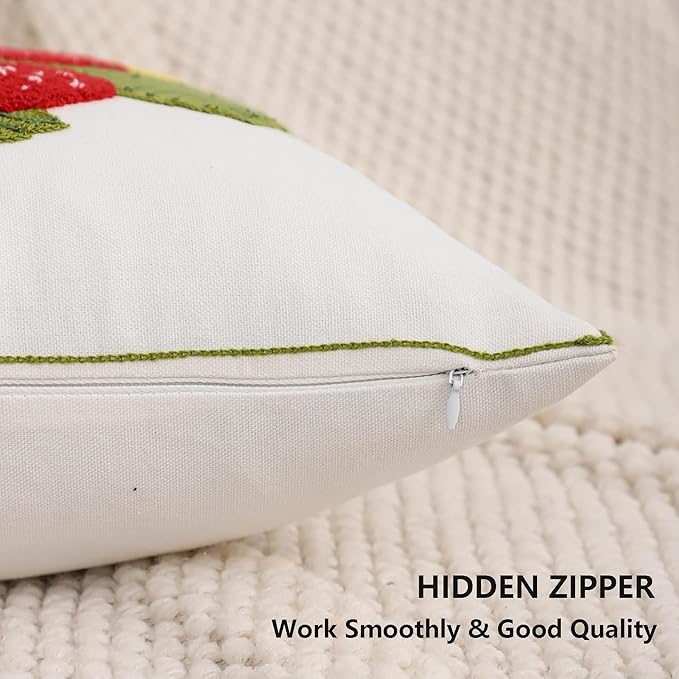 Embroidered Throw Pillow Covers 18x18 inch Pack of 2 Red Strawberry with Green Leaves Floral Pillowcases Farmhouse Pillow Cushion Cases Spring Summer Home Decor for Sofa Bed Living Room
