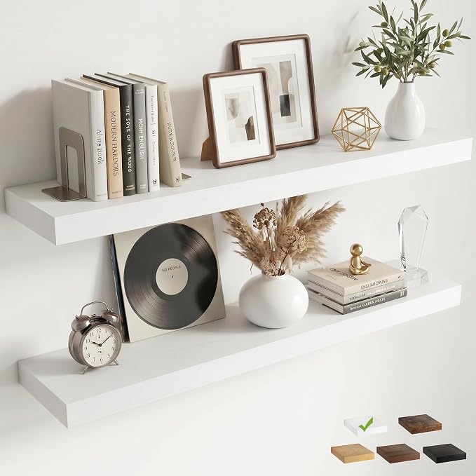 40 Inch Floating Shelves for Wall, 8"D Wood Storage Shelves, White Finish | Engineered Wood, Invisible Bracket, Large Storage, Easy Install, Hold Up to 66lbs, Living Room, Bathroom, Bedroom, Kitchen