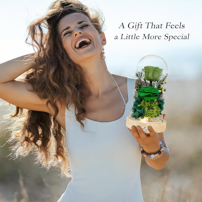 Preserved Flowers Gifts for Women, Unique Green Preserved Roses in Glass Dome, Forever Flowers for Mom, Birthday Gifts for Women