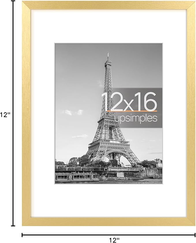 upsimples 12x16 Picture Frame, Display Pictures 8.5x11 with Mat or 12x16 Without Mat, Wall Hanging Photo Frame, Gold, 1 Pack