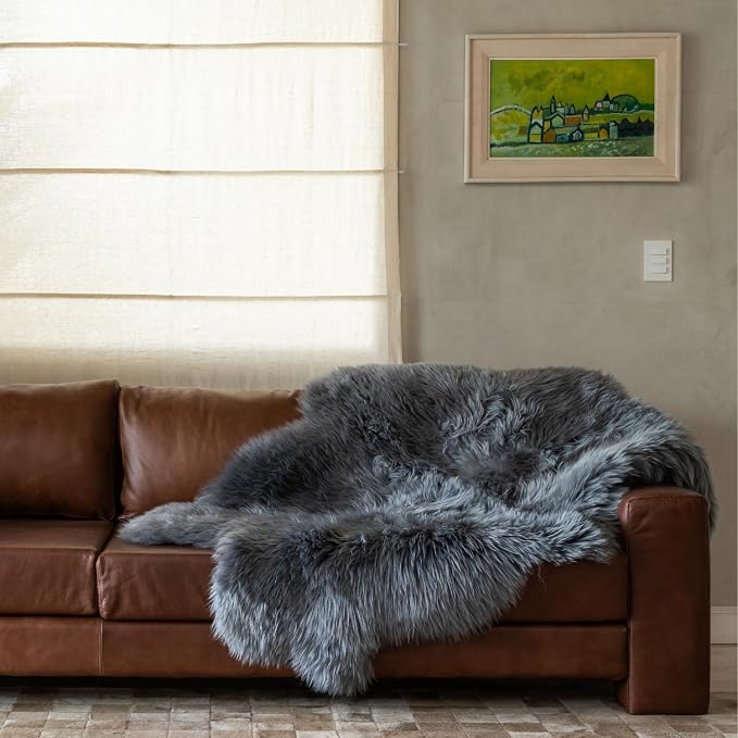 Premium 100% Genuine Sheepskin Area Rug 4x6 ft – Quad Soft & Fluffy Lambskin Rug Living Room – Made in Argentina (Grey)