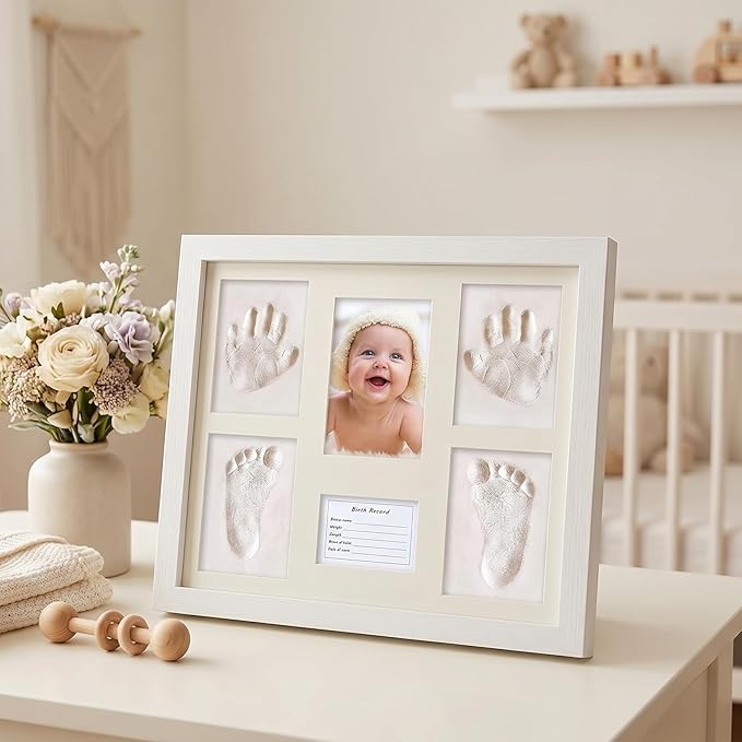 MICKYU Baby Handprint and Footprint Kit, Newborn Keepsake Wood Picture Frame with Air-Dry Clay, Nursery Decor, White, 13 x 11 Inch