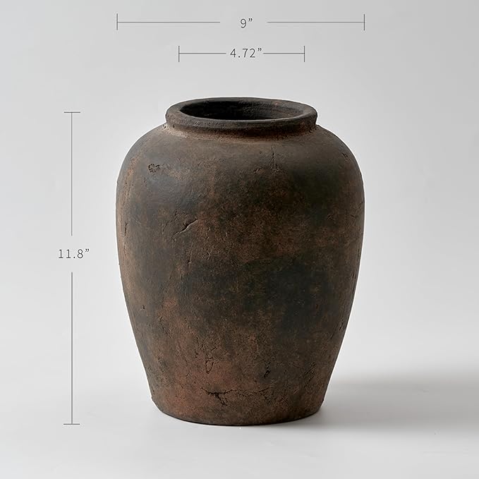 LB2 Brown Ceramic Large Vase, 11.8" Tall Zen Style vase, Terra Cotta Pitcher, Distressed Farmhouse Decor, Pottery Decorative Flower for Home Decor (A - Brown 11.8")