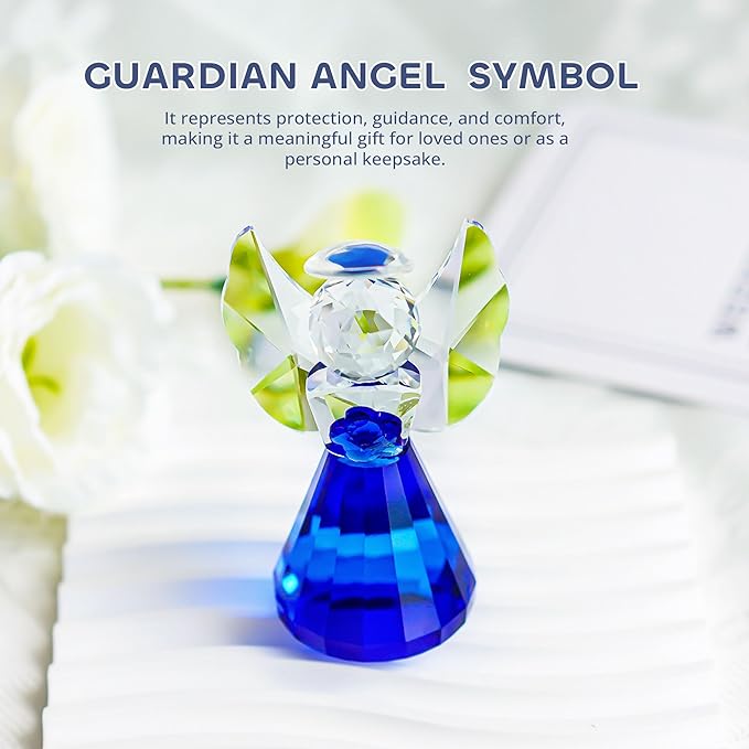 HDCRYSTALGIFTS 3.5'' Blue Crystal Guardian Angel Figurine,Glass Christmas Angel Ornaments Statue Gifts for Women, Art Collectible Figurines for Home Decor