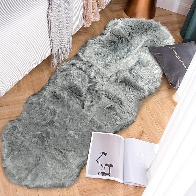 Carvapet 2x6 Faux Sheepskin Rug - Gray Shaggy Fluffy Area Rug Runner, Soft Plush Fake Fur Couch Seat Cushion Floor Cover Mat for Bedroom Living Room
