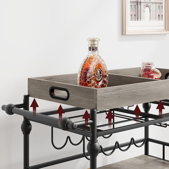 IDEALHOUSE Bar Cart, Bar Carts for the Home, 3 Tier Bar Cart with Wheels, Portable Home Bar & Serving Carts, Rolling Cart with Wine Rack and Removable Tray for Living Room, Kitchen, Dining Room
