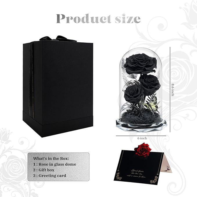 Forever Flowers in Glass Dome - Preserved Roses, for Her Women Valentine's Day, Mother's Day, Anniversary A-Grade Black Roses, Home Decor for Girlfriend, Wife, Sister, Mom (Black)