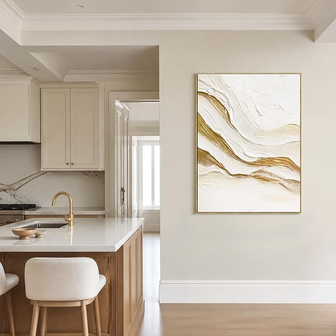 SAFERRYHOME Abstract Texture Hand Painted Wall Art, White Gold, 30"x40" | Large 3D Textured Framed Canvas Wall Decor, Modern Neutral Painting Minimalist Wave Artwork for Home Office Living Room