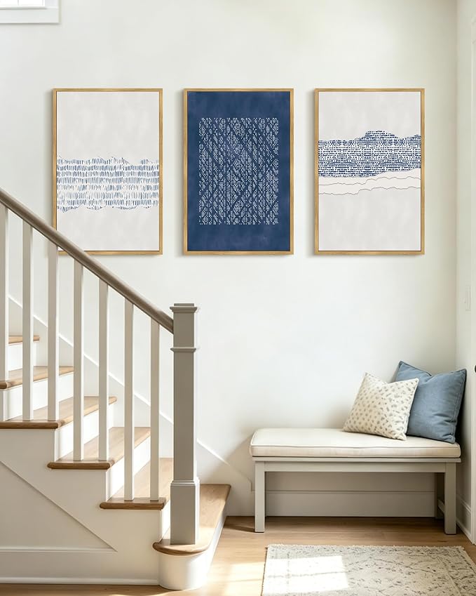 PHOPAGO Navy Blue Abstract Framed Wall Art Large 16x24in Mid Century Minimalist Wooden Pastel Boho Wall Decor Modern Neutral Farmhouse Living Laundry Decor- Natural Framed