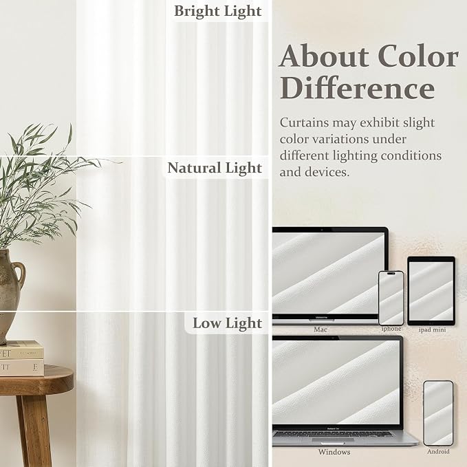 102 Inch Extra Long Pure White Curtains for Sliding Glass Doors 4 Panels Set, Memory Shape Pinch Pleat Semi Sheer Thick Natural Linen Blend Curtain Light Filtering Non See Through Luxury Window Drapes