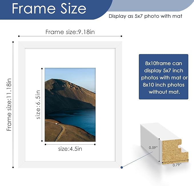 PEALSN 8x10 Picture Frame Set of 6, Display Pictures 5x7 with Mat or 8x10 without Mat for Wall Mounting or Table Top Display, Photo Frames Collage for Wall Decor, White.