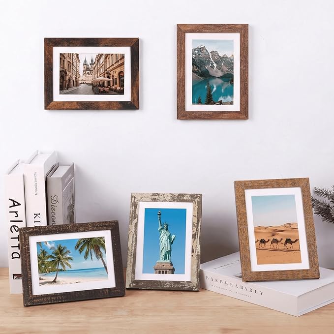 Fixwal 5x7 Rustic Picture Frame Set of 5, Vintage Distressed Photo Frames with Tempered Glass, Decorative Art for Wall Hanging and Tabletop Placement, Display 4x6 with Mat or 5x7 Without Mat