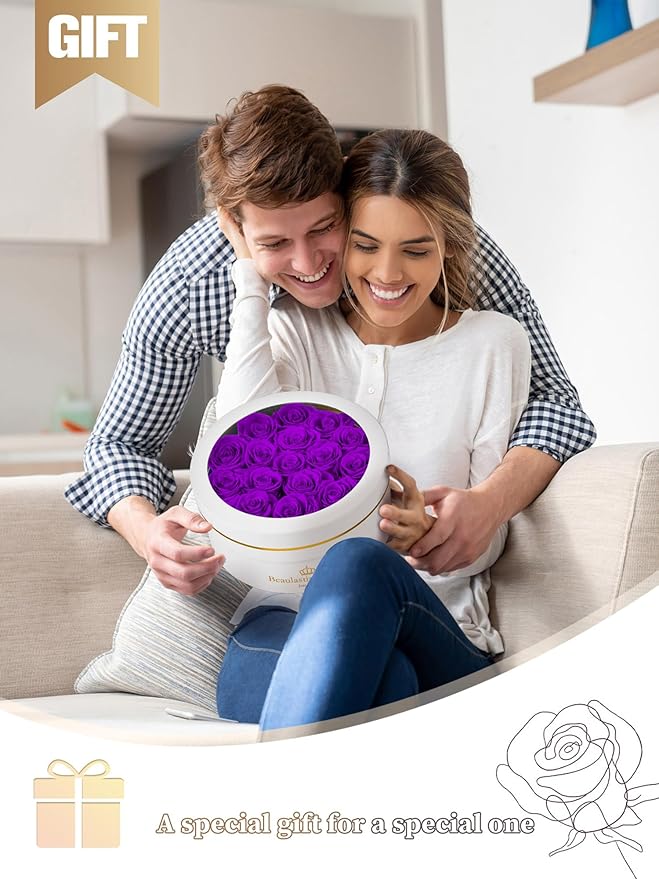16 Preserved Roses Forever Flowers Real Roses in a Box Mother's Day Birthday Flowers for Her Mom Women Wife Valentine's Day, Purple Roses