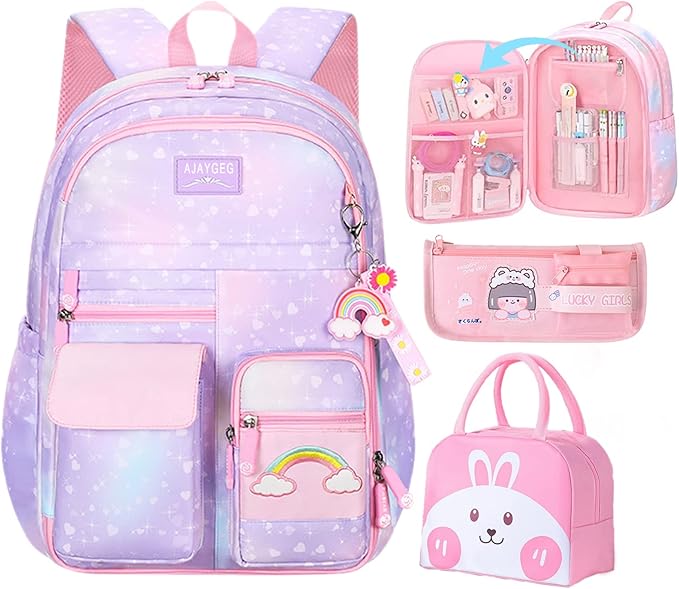 Kawaii Backpack, Pink Backpack for Girls, Kid Starry Rainbow Bookbag, Cute Backpack for Kids, Aesthetic Backpack, Purple(3 PCS Set)