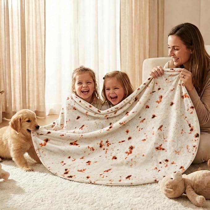 Vessia Burritos Tortilla Blanket Throw Size(Beige,60 inches), Giant Realistic Funny Food Throw for Adults and Kids, 300 GSM Double Sided Soft Novelty Round Taco Home Decor