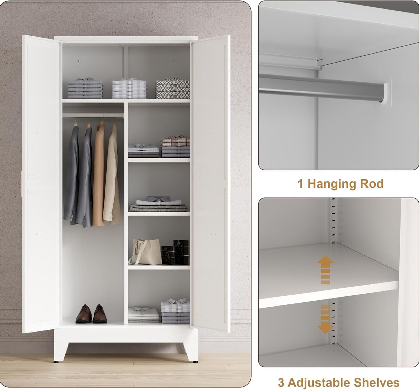 71'' Farmhouse Metal Wardrobe Cabinet with Hanging Rod, 2 Barn Door Wardrobe Closet with 5 Adjustable Shelves,Drawer,for Dining Room,Bedroom,Living Room, Cloak Room,Office (White)