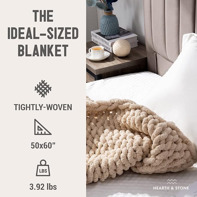 Chunky Knit Blanket Throw - 50"x60" 3.7 lbs. - Soft Chenille Yarn Knitted Blanket - Machine Washable Crochet Blanket - Handmade Cable Knit Throw Blanket for Couch, Bed (Oat White) | Handmade chunky knit throw blanket in oat white â€“ soft chenille yarn...