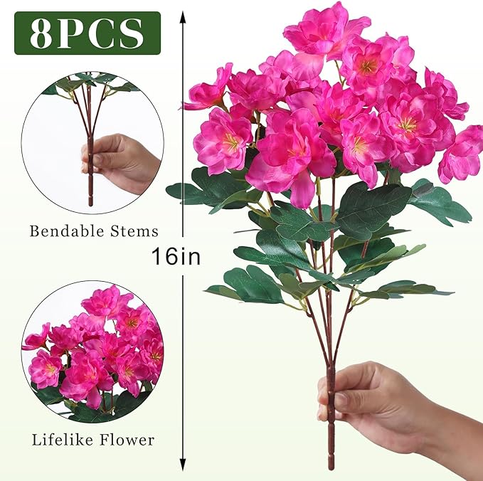 8 Bundles Artificial Flowers for Front Door, Fake Silk Azalea Bouquet Silk Flowers for Outside UV Resistant Realistic Faux Plants for Planter Farmhouse Patio Garden Walkways Home Decor (Rose Red)