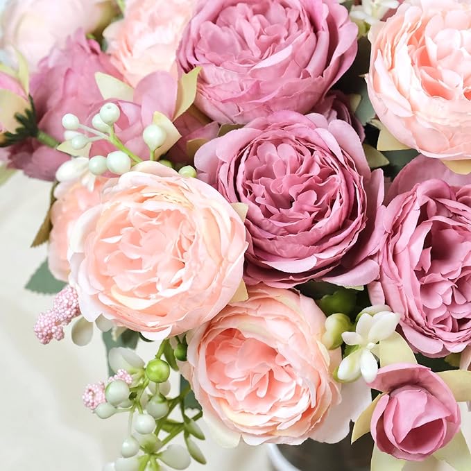 6 Pcs Peonies Artificial Flowers Bulk, Mixed Pink Silk Peonies Fake Bouquet for Floral Centerpieces,Red Realistic Faux Peony Flower for Flower Arrangements Wedding Decoration vase