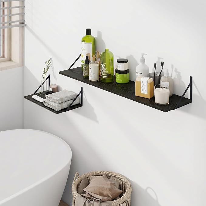 Vivelove Black Deep Floating Shelves for Wall, 16W x 8D Wood Wall Shelves Set of 3, Wide Floating Bookshelf for Living Room, Kitchen, Office, Bedroom and Decor Storage, with Metal Bracket - Black