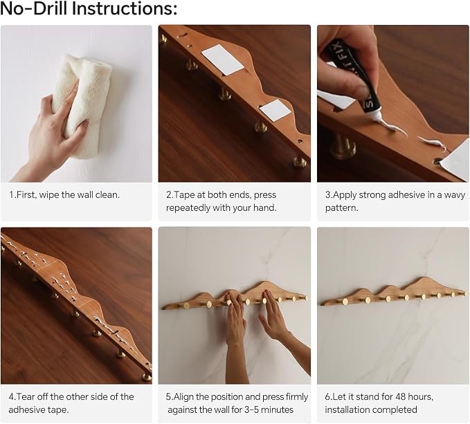 Elegant Wall Coat Rack with Hooks Cherry Wood Solid Coat Hanger Wall Mount with 8 Brass Hooks, Moisture-Resistant Wax Oil Finish for Home (Cherry, 8 Hooks)