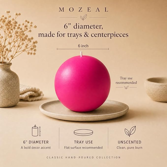 MOZEAL Hand-Poured, 6 Inch Hot Pink Large Round Ball Candles - Elegant Hot Pink Round Pillar Candles, Dripless, Unscented, Smokeless, Ideal for Parties and Celebrations.
