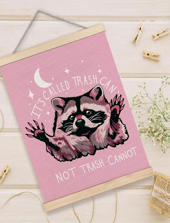 Foritho Funny Motivational Raccoon Meme Poster Wall Art Framed for Office Dorm Home, Sarcastic Work Trash Panda Office Canvas Prints Wall Decor for Coworkers Women Men, 12x16 Inch - Pink