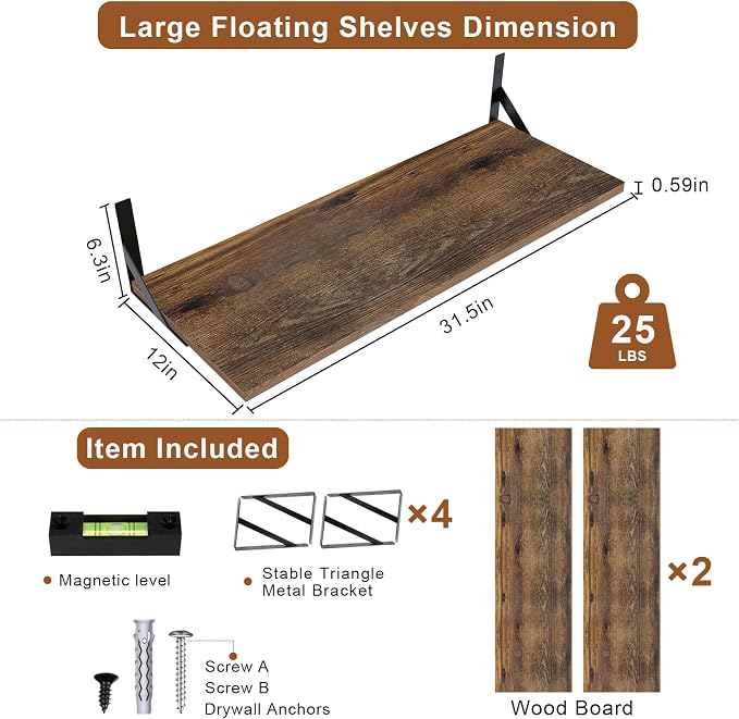 Large Wall Shelves, 31.5" W x 12" D Long Floating Shelves Set of 2, Wide Display Wood Shelf Wall Mounted with Heavy-Duty Metal Brackets for Bedroom Books, Living Room, Kitchen, Rustic Brown