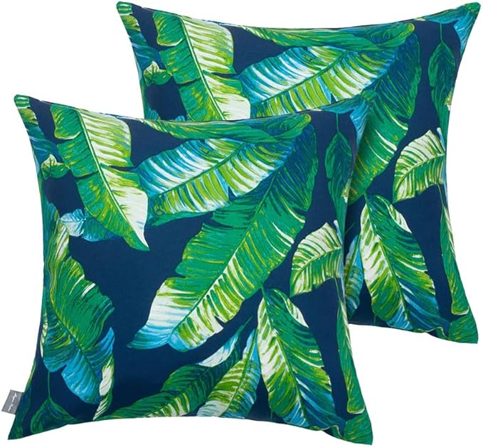 Magpie Fabrics Patio Pillow with Insert 18"x18", Set of 2, Fade-Resistant Outdoor Indoor Cushion Decorative Throw Pillow Decoration for Couch Garden Furniture - Green Lagoon Leaves