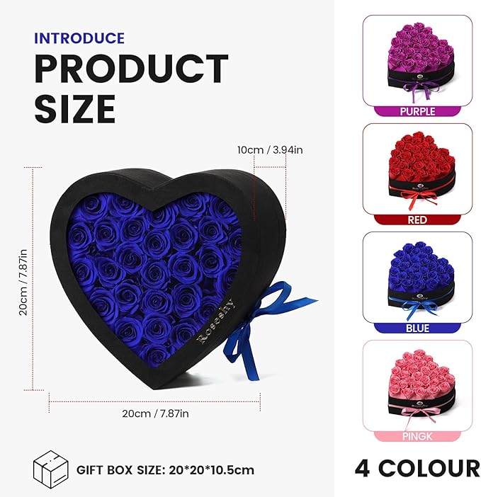 Valentines Day Flowers Roses Gifts for Her,28pcs BlueForever Preserved Roses in Heart Shape Gift Box,Valentines Day Delivery Prime Gifts-Roses Gifts for Women,Mom.