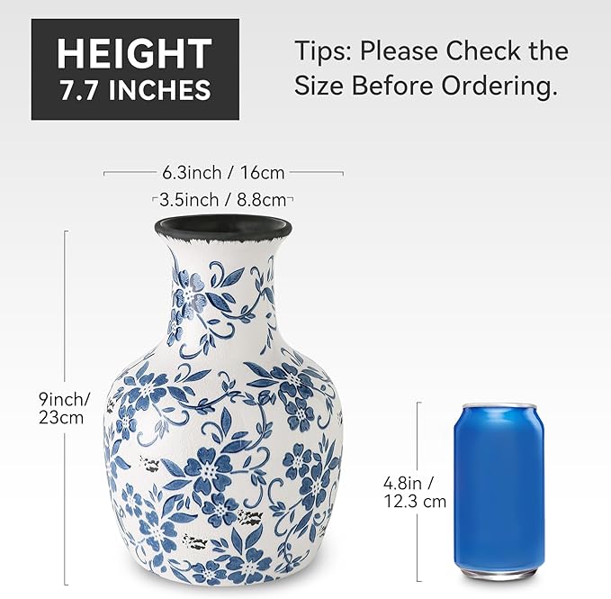 SURE YUESI Blue and White Flower Vase Vintage Chinoiserie Floral Ceramic Vase Handcrafted Round Flower Vase for Home Decor Centerpieces Living Room, Bookshelf, Office Rustic Table Centerpiece 9 in