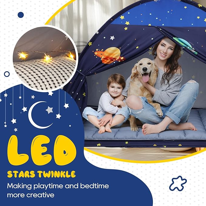 Full Bed Tent Canopy, Space Indoor Blackout Privacy Toddler Bed Tent for Kids with Light, Portable Sleeping Floor Kids Playhouse (Blue, Full Size)