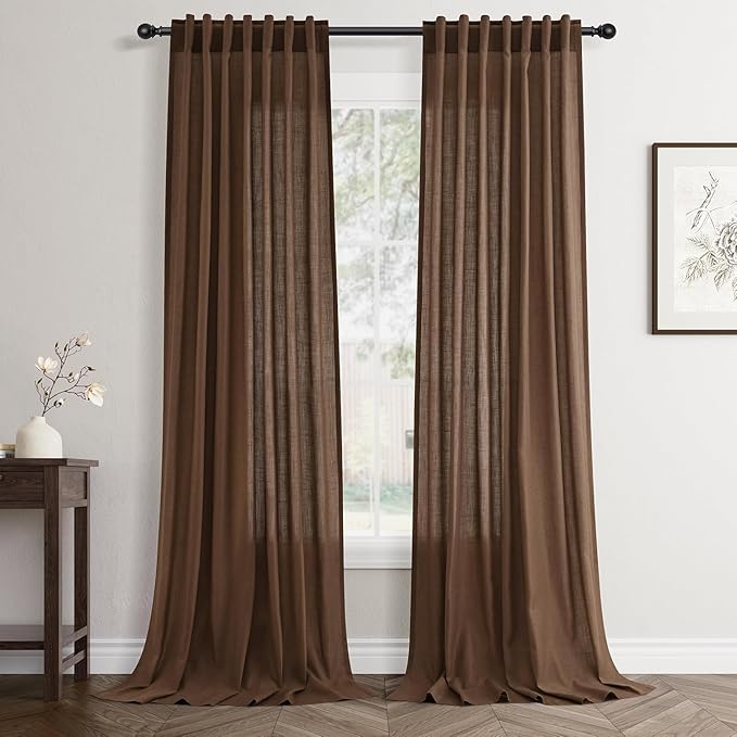 Jowels Caramel Brown Linen Curtains 90 Inch Long 2 Panels for Living Room | Light Filtering Semi Sheer Curtain, Back Tab Pocket Pleated Look, Boho Farmhouse Textured Privacy Drapes for Bedroom Window