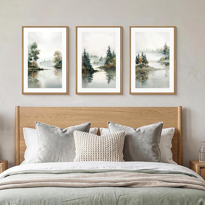 Large Foggy Forest Landscape Framed Canvas Wall Art Set,Natural Lake Scenery Wall Decor,Watercolor Pine Tree Art Painting for Living Room,Bedroom,Dining Room,Office -16"x24"x3