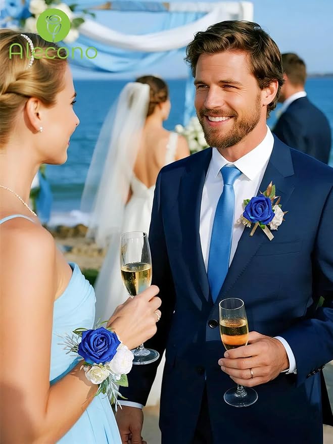 Alecono Navy Blue Corsage and Boutonniere Set, Rose Corsage Wristlet with Adjustable Ribbon and Boutonniere Supplies for Wedding Graduation Prom Flower Accessories Suit Decorations