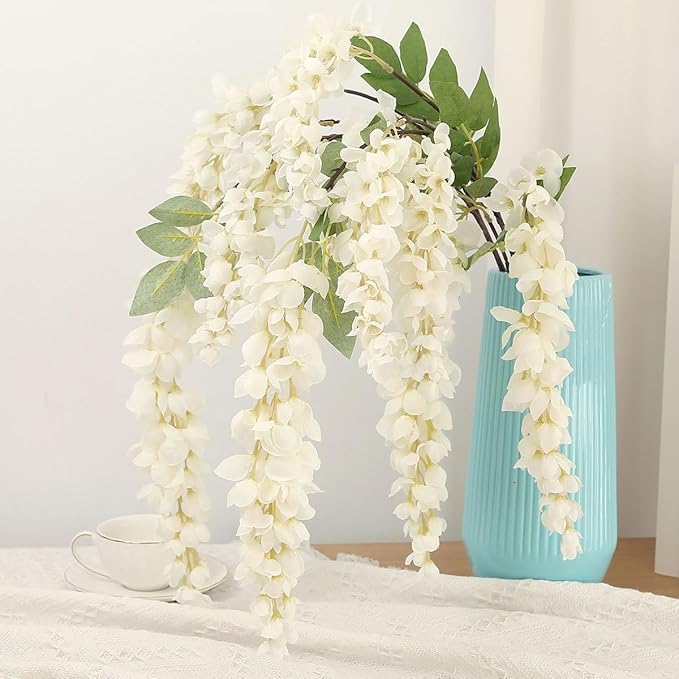 4pcs 47.2-inch Artificial Fake Wisteria Hanging Flower Garland Silk Flower String Home Party Decoration White Blue Pink Purple (White)