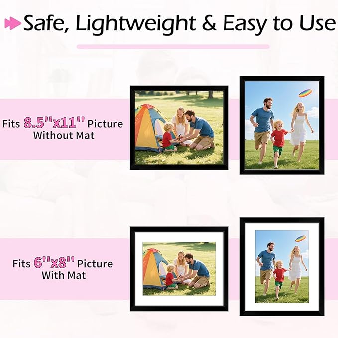 8.5 By 11 Picture Frame, Black Wall Hanging Photo Frames with Shatter Resistant Plexiglass, Display Picture 6x8 with Mat or 8.5 x 11 Without, Diploma Frame for Home Office Wall Decor, 8 Pack