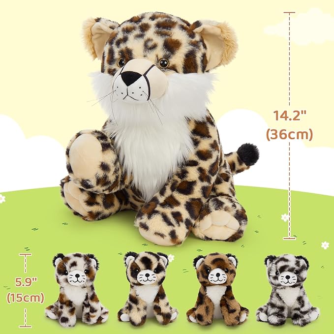 MorisMos 5Pcs Cheetah Stuffed Animal, 14 Inch Cheetah Mommy with 4 Baby, Soft Stuffed Leopard Plush Gifts for Kids, Boys, Girls, Toddler