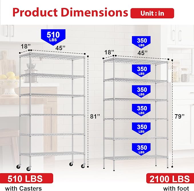 PayLessHere | 6-Tier Wire Shelf with Wheels | 45"x18"x82" | Chrome | Adjustable Racks | Heavy-Duty Storage Shelves, Holds Upto 510 lbs | Rust-Resistant, No-Tool Assembly | for Home, Garage Shelving