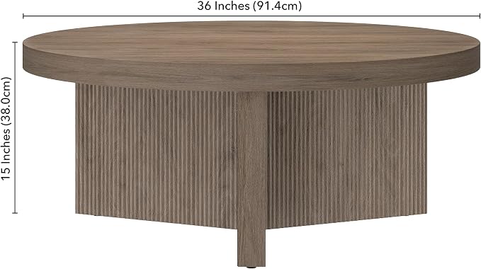 Henn&Hart 36" Fluted Round Low-Profile Coffee Table with Ribbed Pedestal Base for Living Room, Family Room, or Office, Weathered Gray