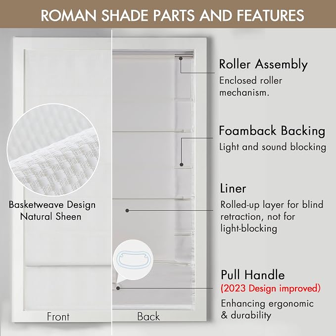 Madison Park Galen Cordless Roman Shade, 35W x 64"H, Sheen White – Room Darkening, Thermal Insulated, Energy Efficient Window Blind with Subtle Sheen Basketweave Fabric for Privacy