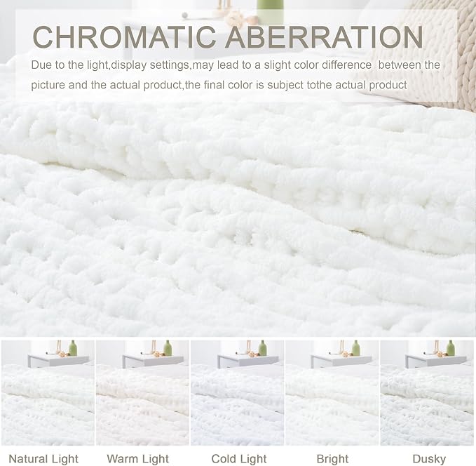 Chunky Knit Throw Blanket 50x60, 100% Handmade Chenille Yarn | 4.4lbs Soft Thick Cable Knitted Blankets, Large Rope Knot Crochet Throws for Couch Sofa Bed Machine Washable, Snow White