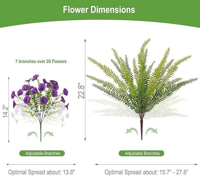 Hrobek Artificial Flowers for Outdoors Faux Plants Outside Indoor,UV Resistant Silk Fake Morning Glory Tall Ferns for Home Patio Garden Yard Front Porch Decor (13 Bunches,7 Multi Colors)